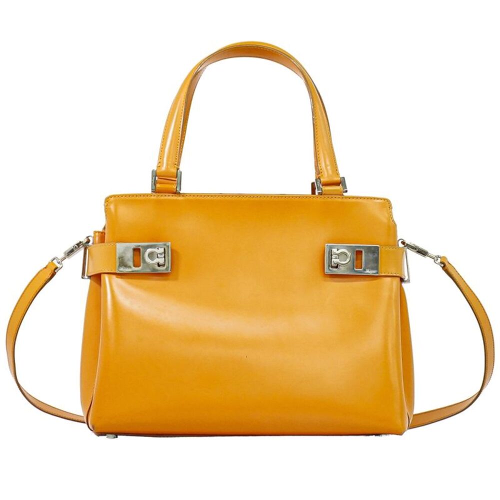 Salvatore Ferragamo Double Gancini Side Buckle Leather Orange Leather Tote Bag